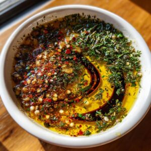 Close-up of a white bowl filled with golden olive oil bread dip, topped with green herbs, red pepper flakes, and balsamic swirl.