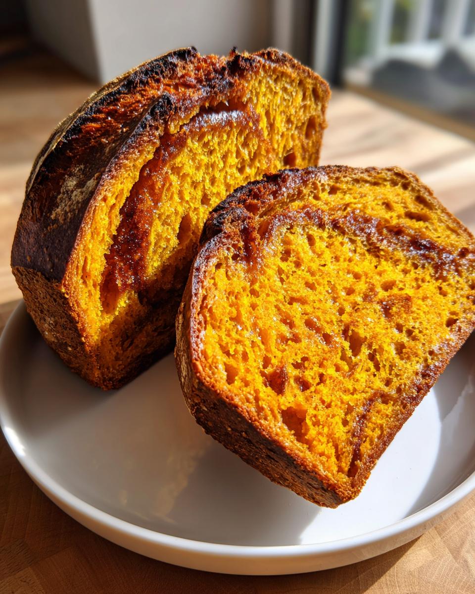 Close-up of two thick slices of bright orange pumpkin sourdough bread on a white plate.