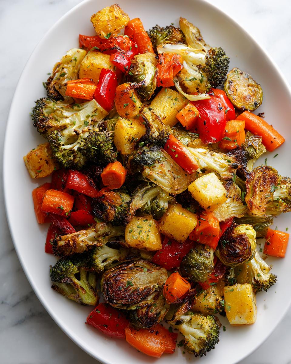 A vibrant platter of perfectly caramelized roasted vegetables including broccoli, carrots, potatoes, and brussels sprouts.