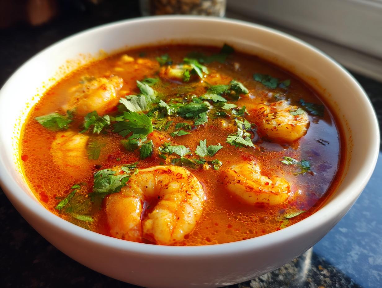 Close-up of a white bowl filled with bright orange and red tom yum soup featuring large shrimp and fresh cilantro.