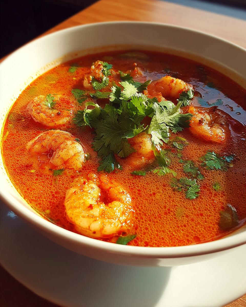 Close-up of a bowl of vibrant, orange-red tom yum soup filled with plump shrimp and garnished with fresh cilantro.