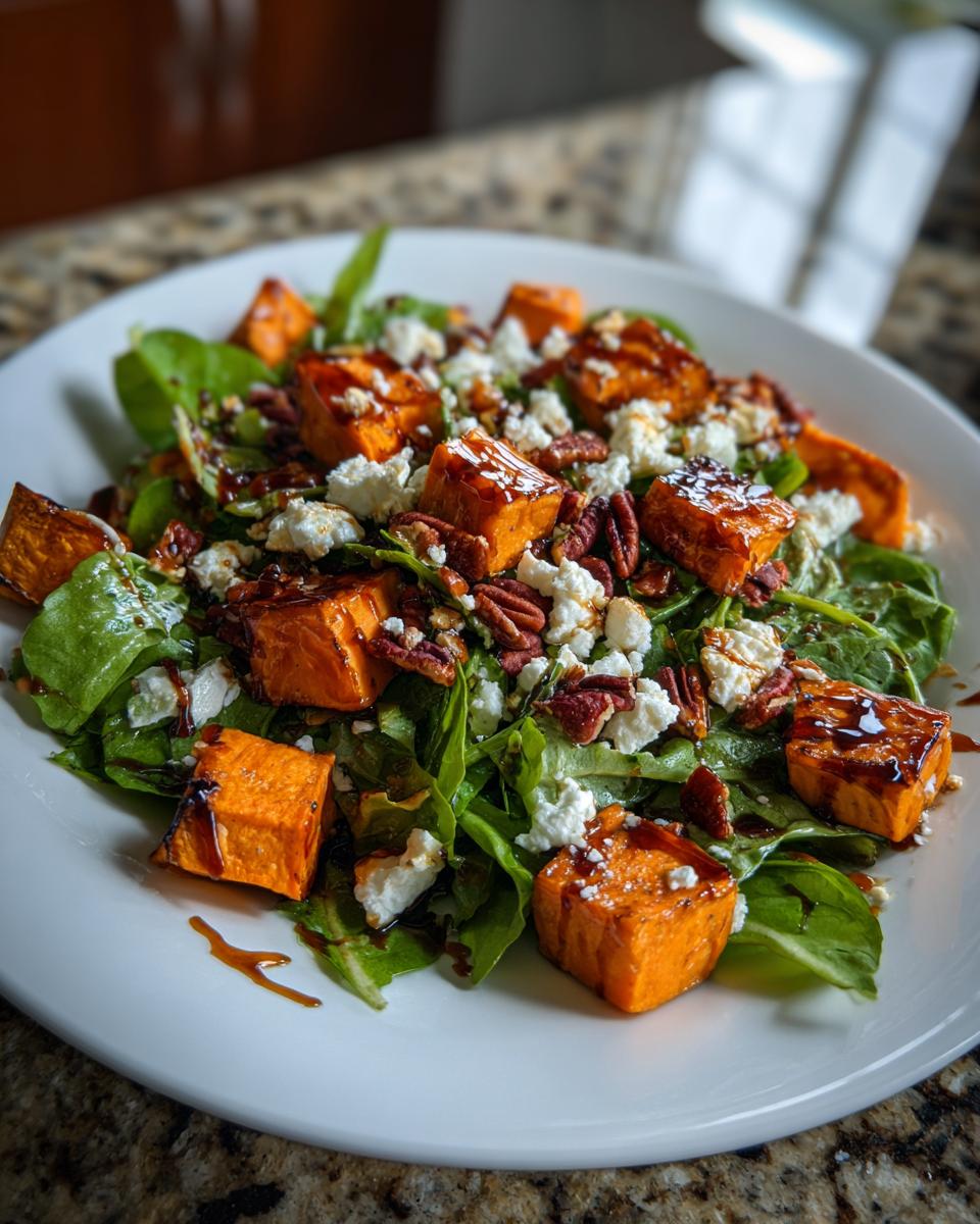 A vibrant plate of sweet potato salad featuring roasted sweet potato cubes, greens, feta cheese, and pecans drizzled with balsamic glaze.
