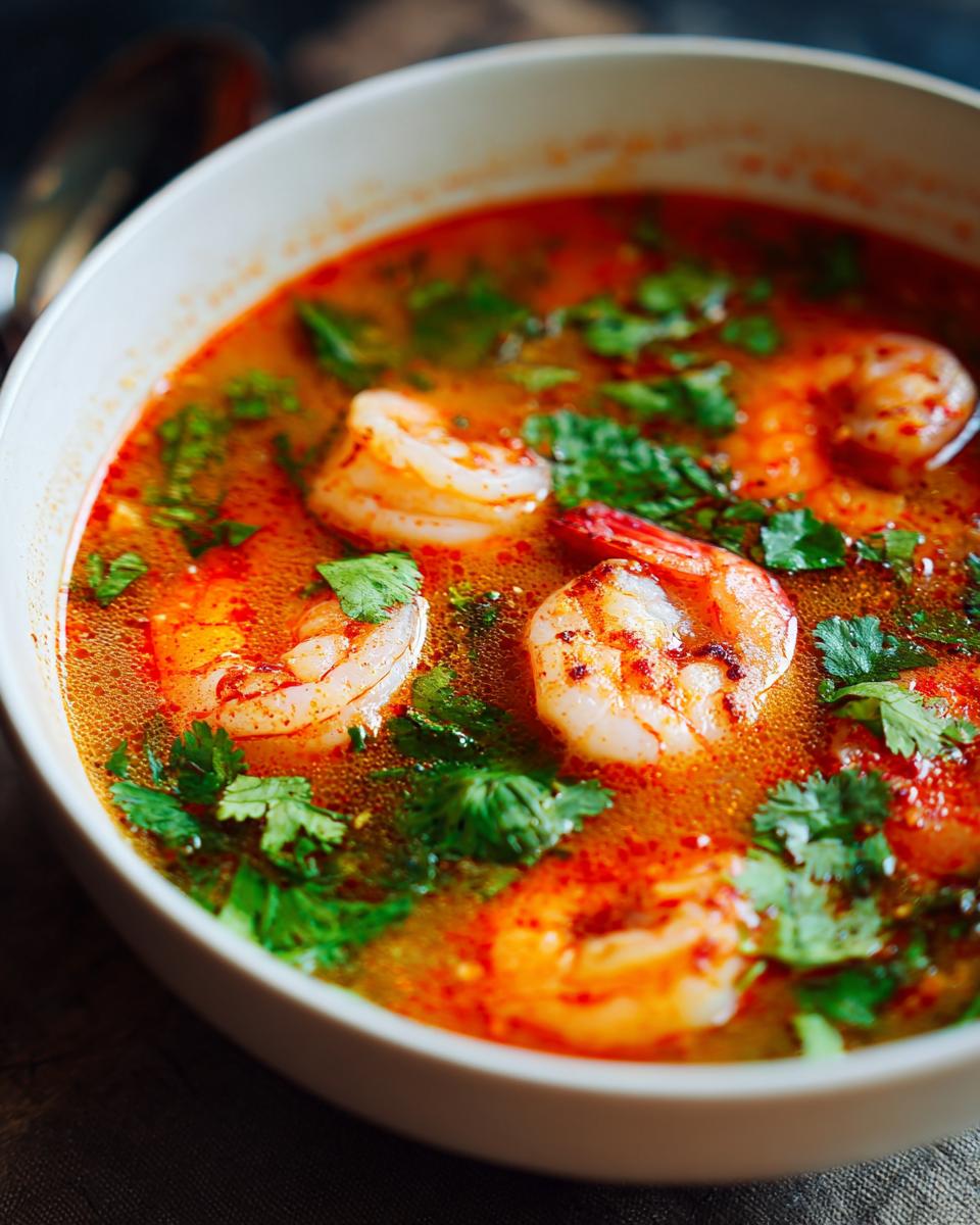 Close-up of a white bowl filled with bright orange and red tom yum soup featuring large shrimp and fresh cilantro.
