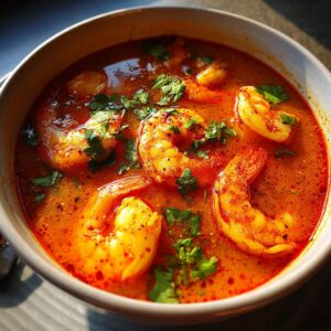 Close-up of a vibrant, orange-red bowl of tom yum soup filled with large shrimp and fresh cilantro.