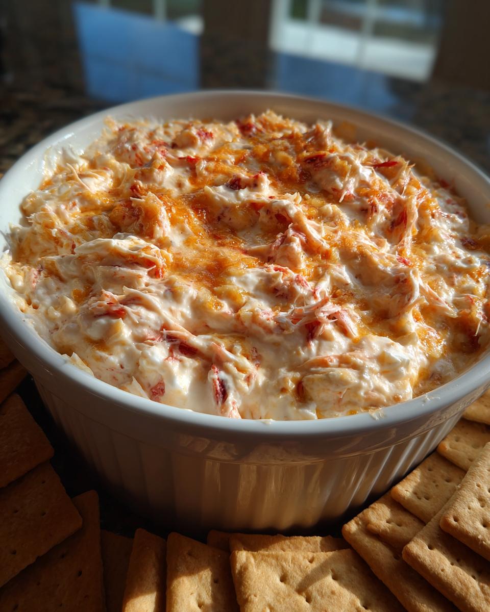 A close-up of warm, creamy Reuben dip topped with melted cheese, served in a white dish surrounded by crackers.