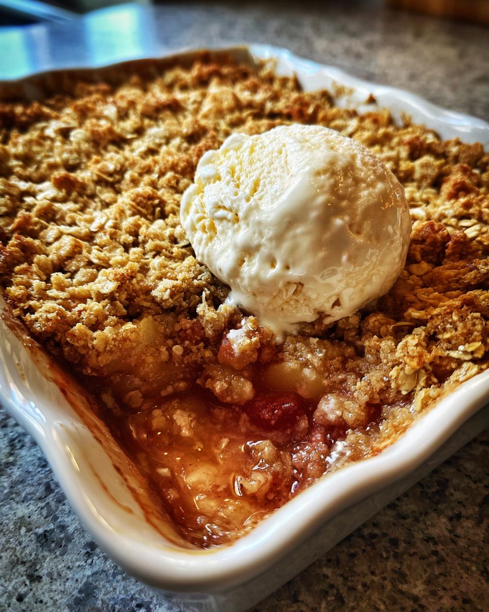 Close-up of warm rhubarb crisp with a melting scoop of vanilla ice cream on top.