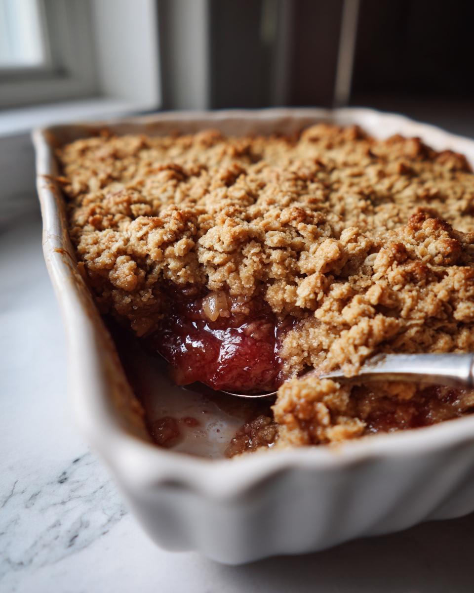 A close-up of a serving spoon scooping into a warm rhubarb crisp, showing the bubbly red fruit filling and crunchy oat topping.