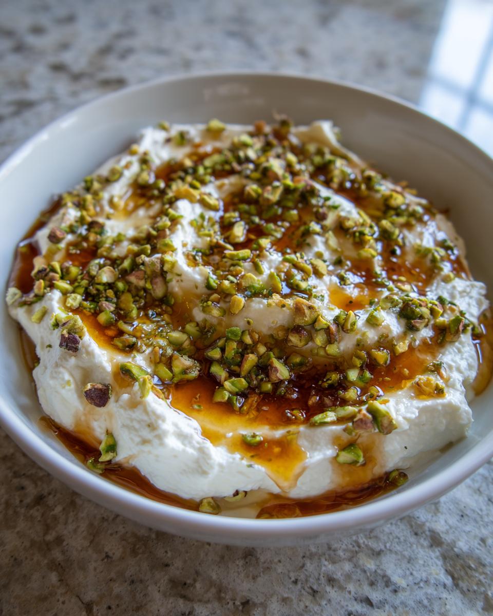 Close-up of creamy whipped ricotta dip drizzled with golden honey and topped with chopped green pistachios.