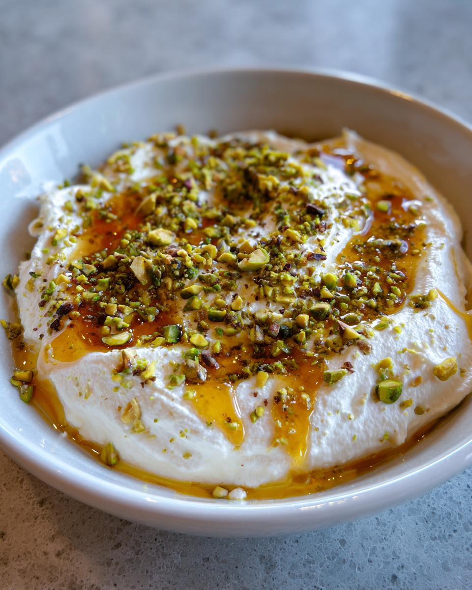 Close-up of a creamy whipped ricotta dip drizzled with honey and topped with chopped green pistachios.