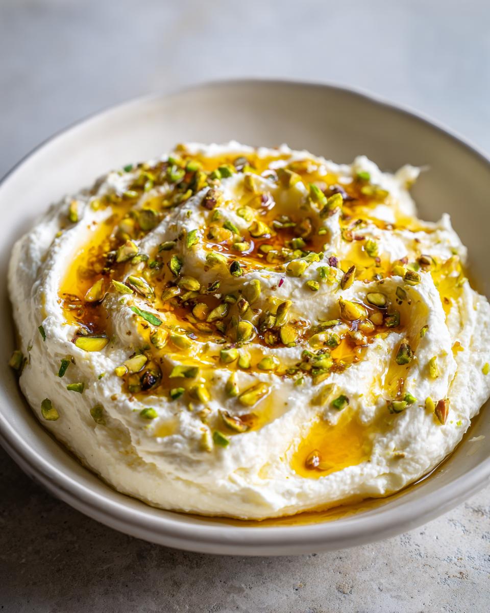 Close-up of creamy whipped ricotta dip drizzled with golden honey and sprinkled with bright green chopped pistachios.