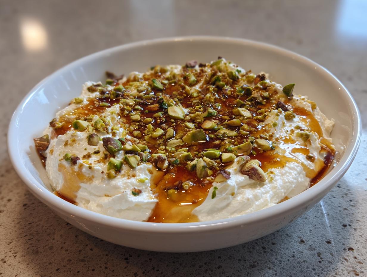 A close-up of a bowl of whipped ricotta dip drizzled with honey and topped generously with chopped pistachios.