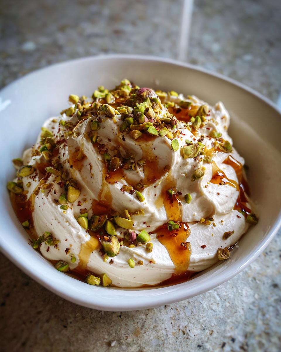Close-up of a bowl of creamy whipped ricotta dip drizzled with honey and topped with chopped pistachios.