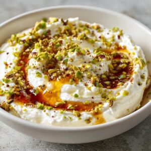 Close-up of creamy whipped ricotta dip drizzled with honey and topped generously with chopped pistachios.