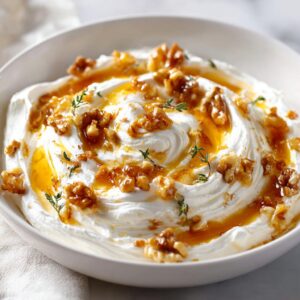 A close-up of creamy whipped ricotta dip topped with candied walnuts, honey drizzle, and fresh thyme sprigs.