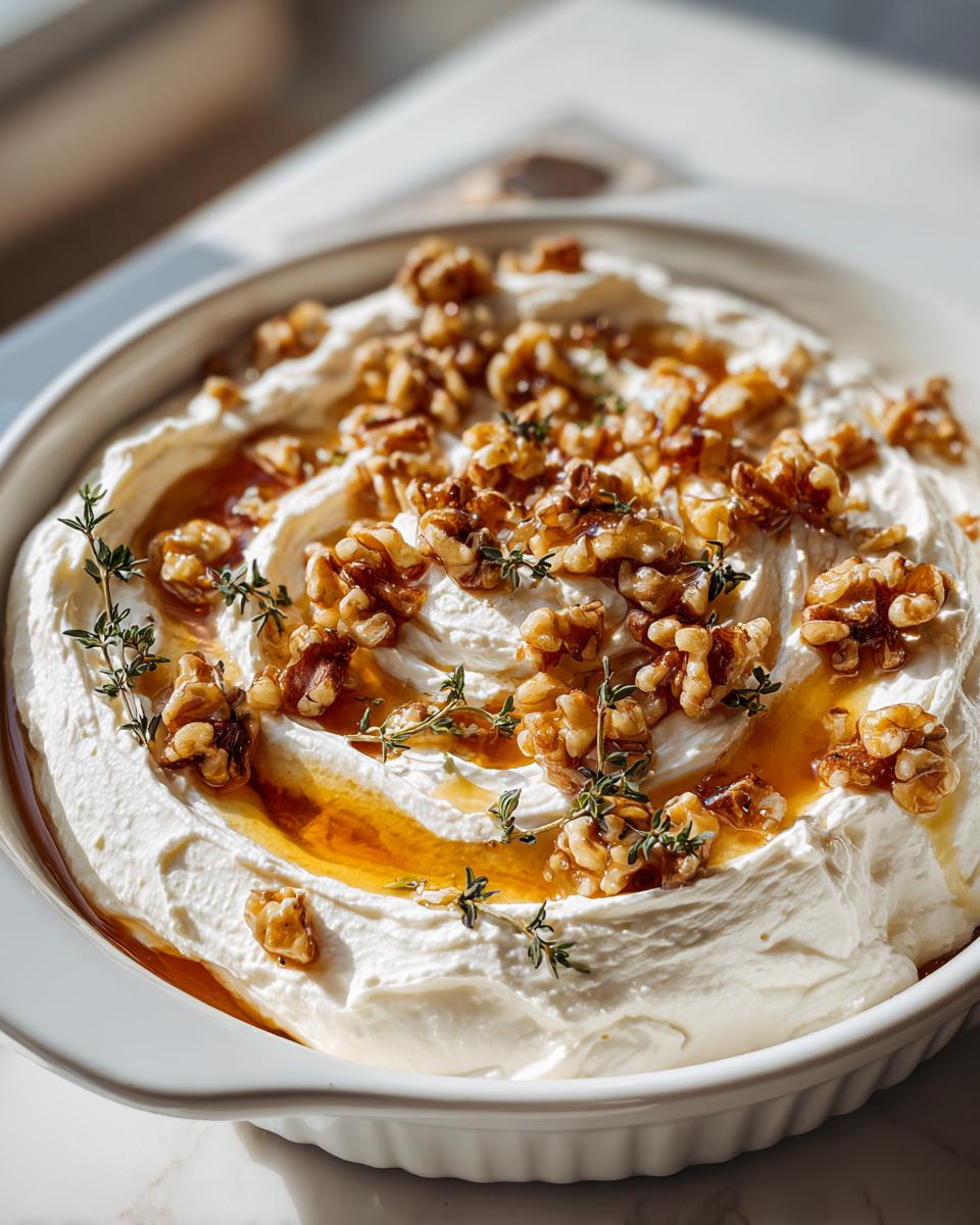 A close-up of creamy whipped ricotta dip topped with candied walnuts, honey drizzle, and fresh thyme sprigs.
