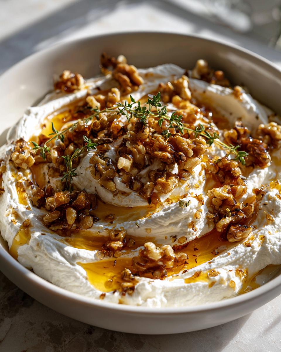 A close-up of creamy whipped ricotta dip topped generously with candied walnuts, honey drizzle, and fresh thyme sprigs.