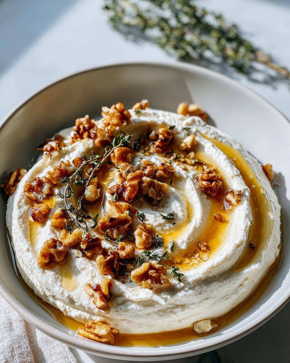Close-up of a creamy whipped ricotta dip swirled in a bowl, topped with candied walnuts, honey, and fresh thyme.