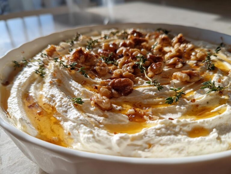Close-up of a bowl of creamy whipped ricotta dip, drizzled with honey and topped with walnuts and fresh thyme.