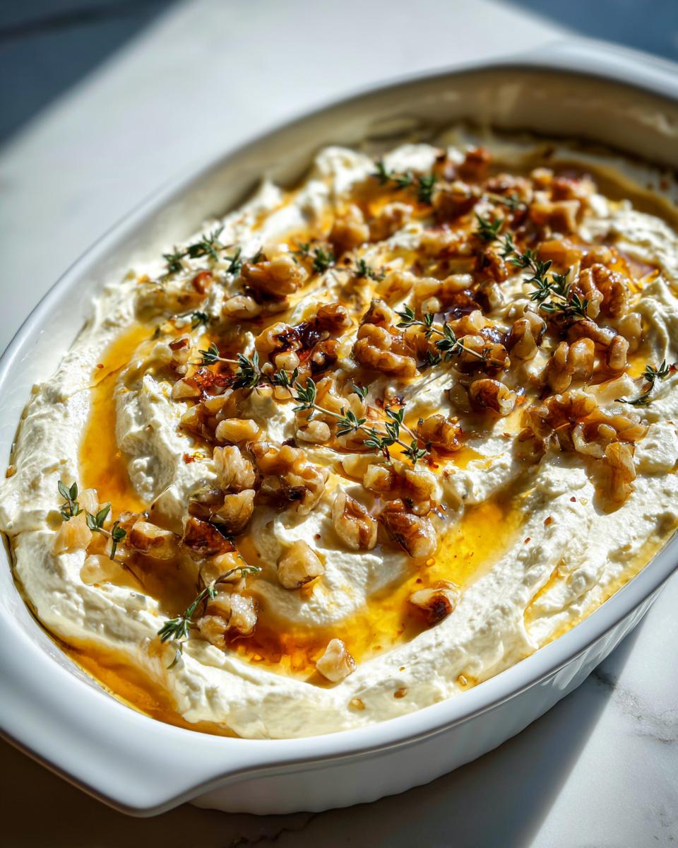 A close-up of a creamy whipped ricotta dip topped with toasted walnuts, drizzled honey, and fresh thyme sprigs.