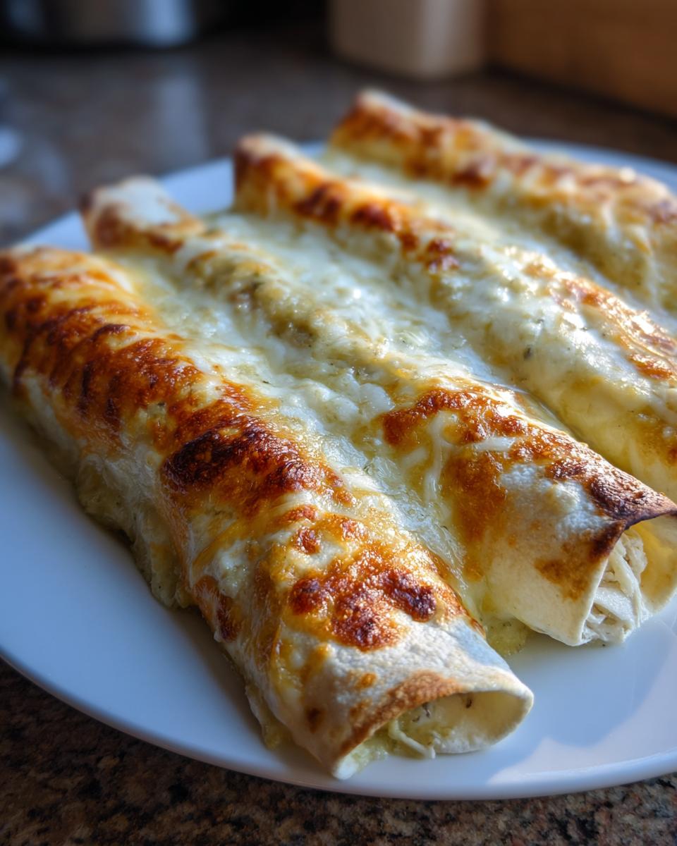 Close-up of three baked white chicken enchiladas covered in melted, bubbly, and slightly browned cheese sauce.