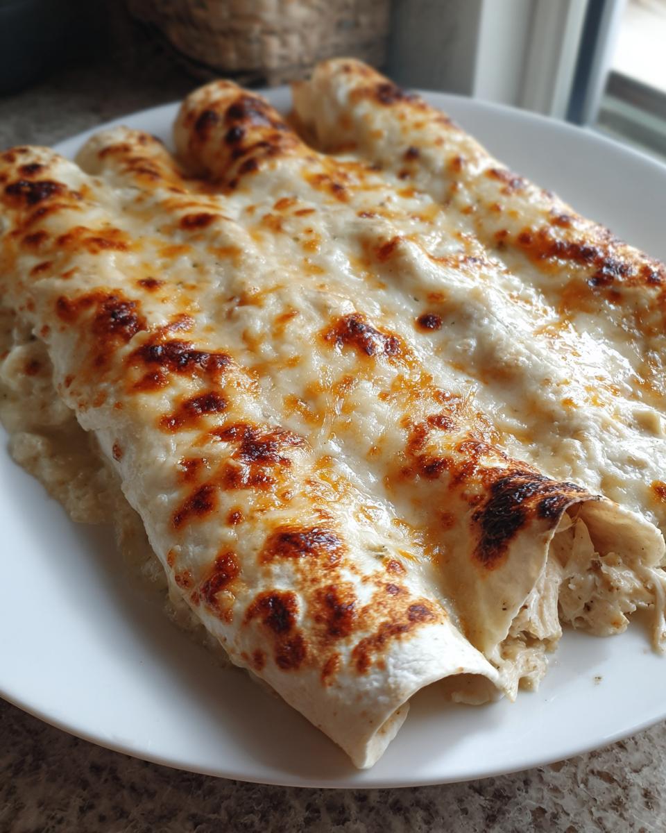 Three baked white chicken enchiladas covered in melted, bubbly, and slightly browned cheese sauce.