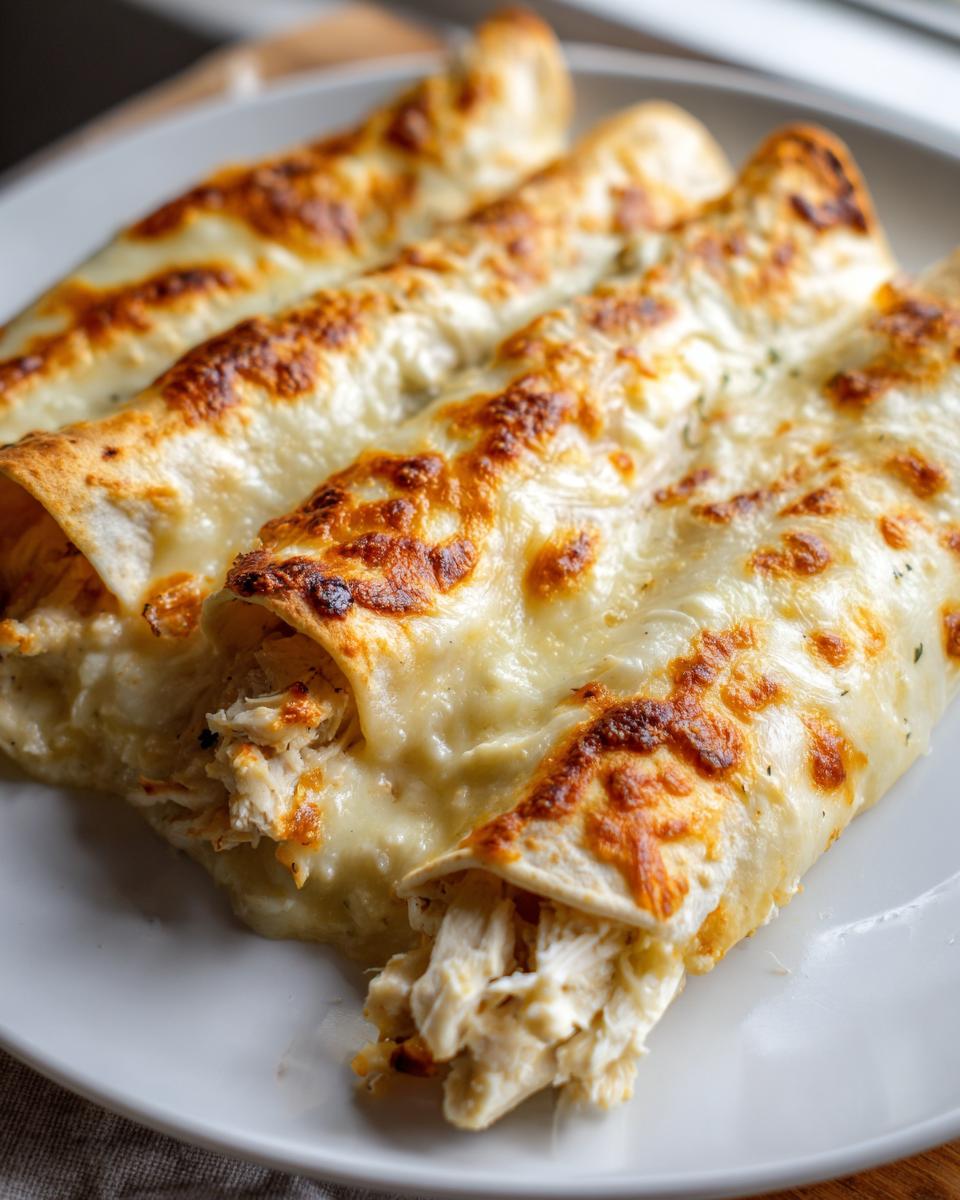 Three baked white chicken enchiladas covered in melted, browned cheese on a white plate.