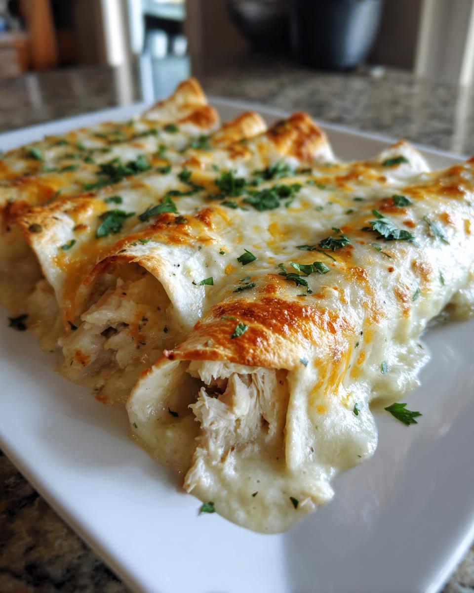 Close-up of three baked white chicken enchiladas covered in creamy sauce and melted cheese, garnished with parsley.