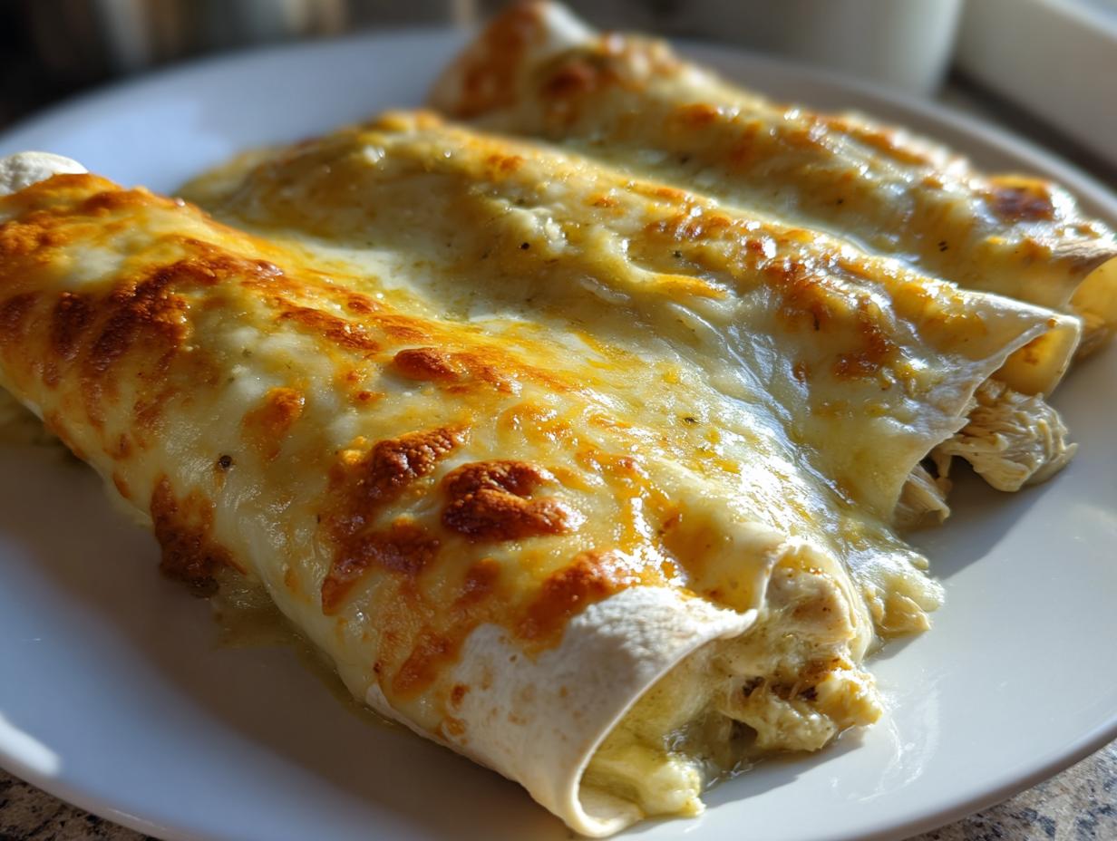 Close-up of three baked white chicken enchiladas covered in melted, bubbly, and slightly browned cheese sauce.