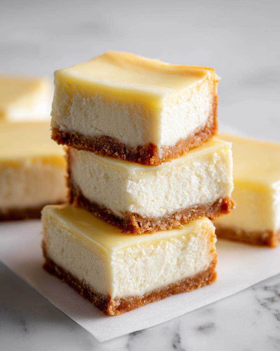 Three square bars of creamy white chocolate cheesecake stacked on parchment paper.