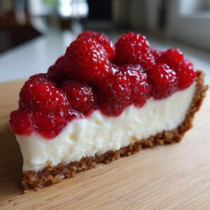 Close-up of a slice of white chocolate mousse tart featuring a thick, creamy filling and topped with fresh raspberries.