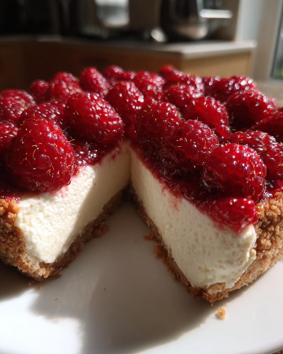 Close-up of a rich white chocolate mousse tart with a thick graham cracker crust, topped generously with fresh raspberries.