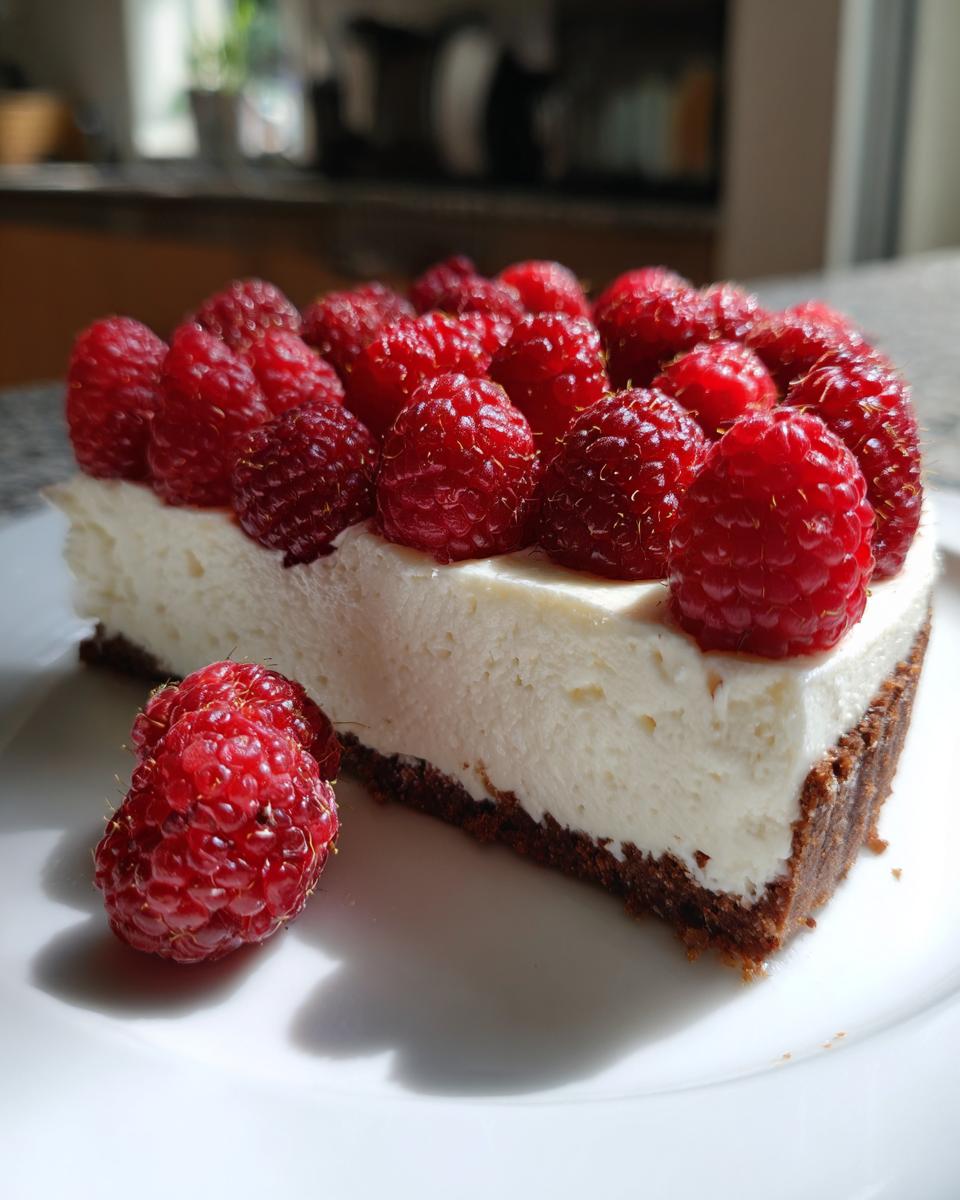 A slice of rich white chocolate mousse tart with a dark crust, topped generously with fresh raspberries.