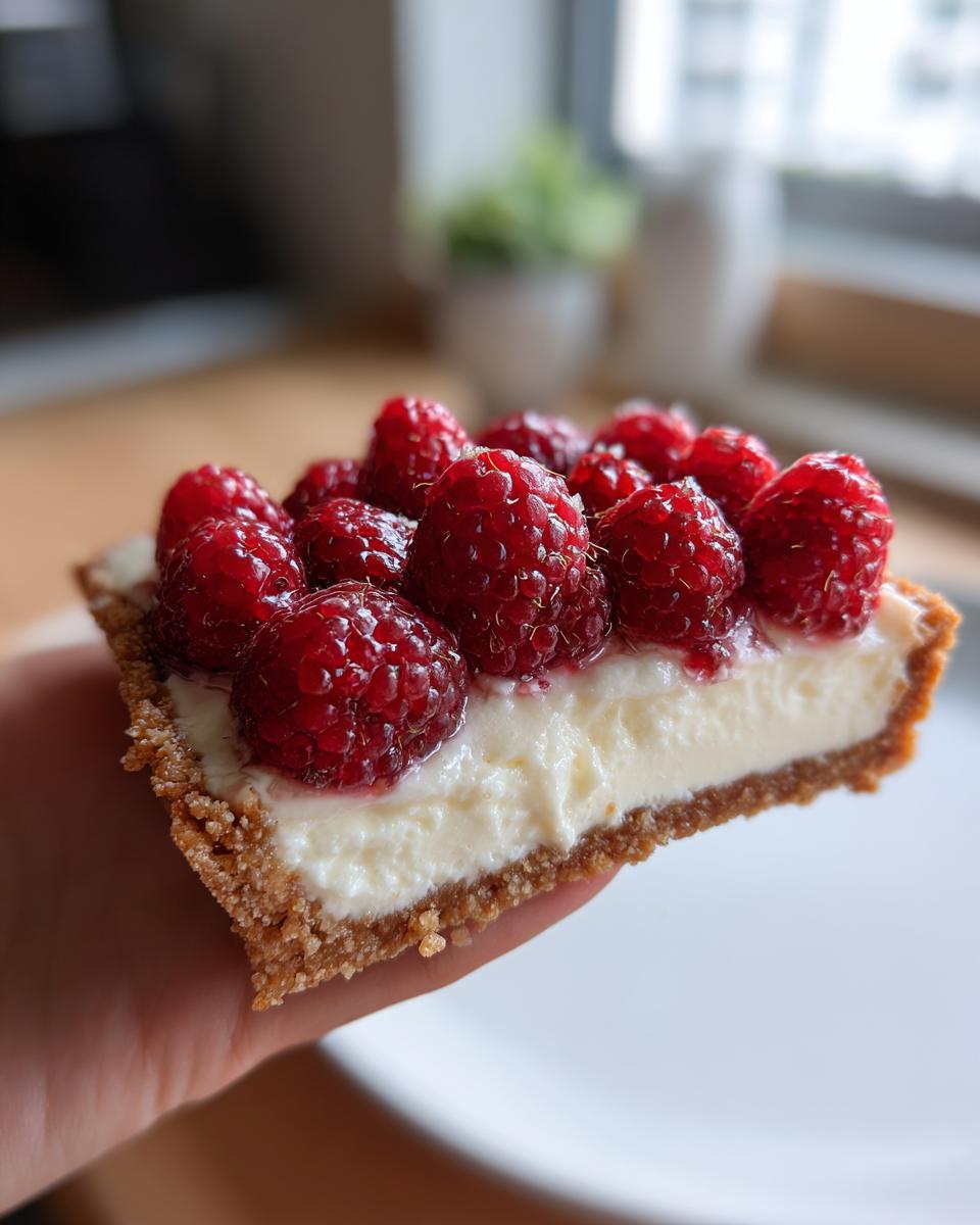 A hand holding a slice of white chocolate mousse tart topped generously with fresh, bright red raspberries.