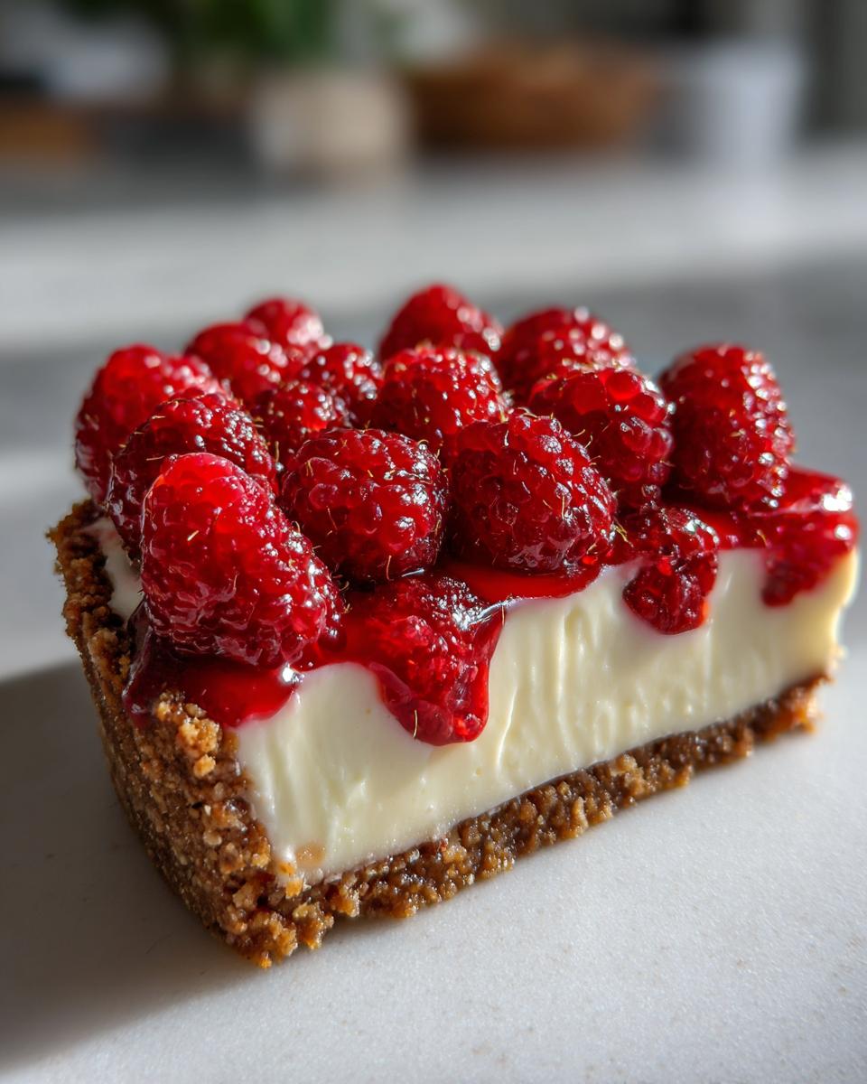 Close-up of a slice of white chocolate mousse tart featuring a thick graham cracker crust, creamy filling, and fresh raspberries.