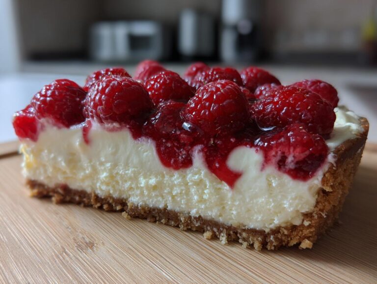 Close-up of a slice of white chocolate mousse tart featuring a thick graham cracker crust, creamy white filling, and topped with fresh raspberries and glaze.