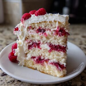 A tall slice of white chocolate raspberry cake showing layers of white cake, raspberry filling, and white frosting, topped with fresh raspberries.