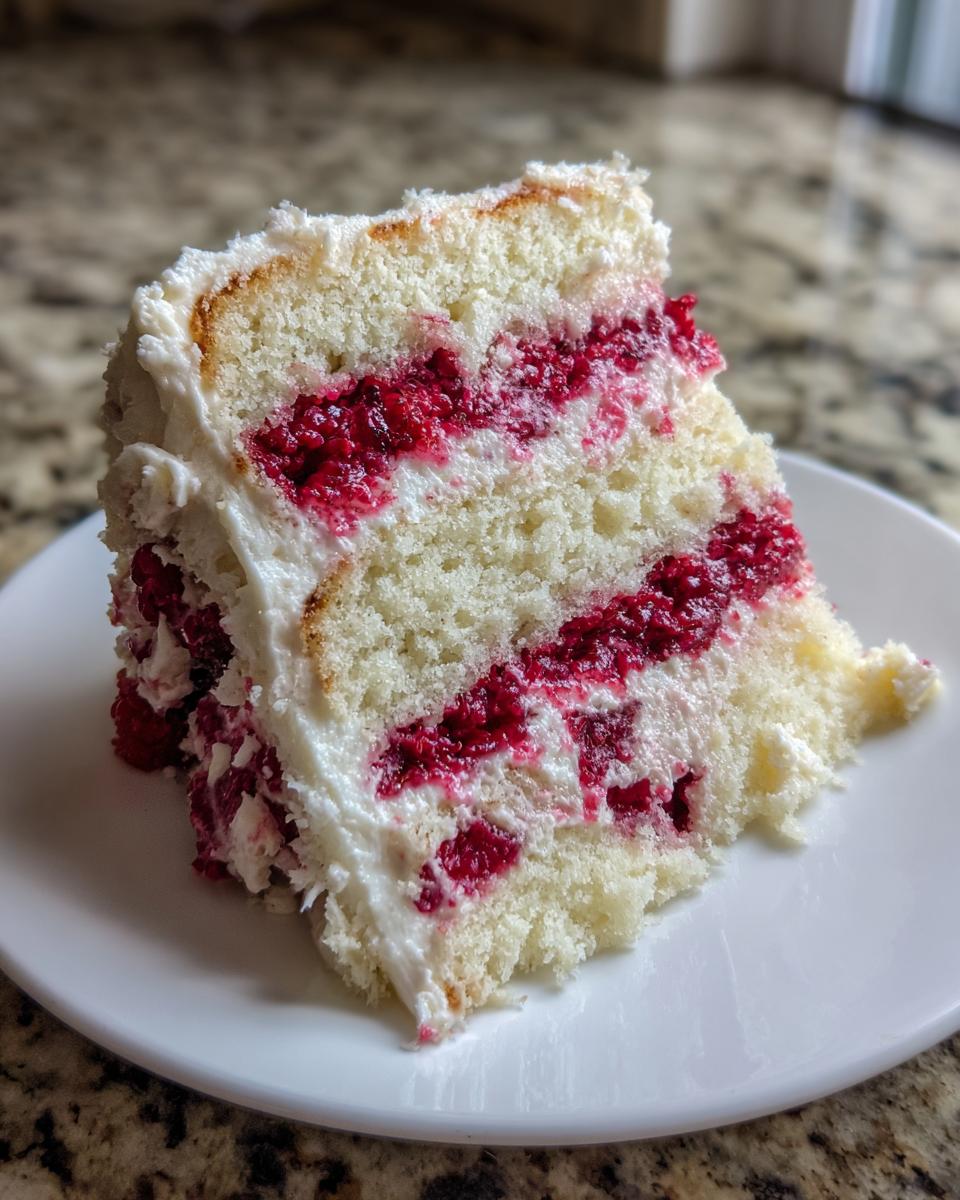 A close-up of a slice of white chocolate raspberry cake showing layers of white cake, bright red raspberry filling, and white frosting.