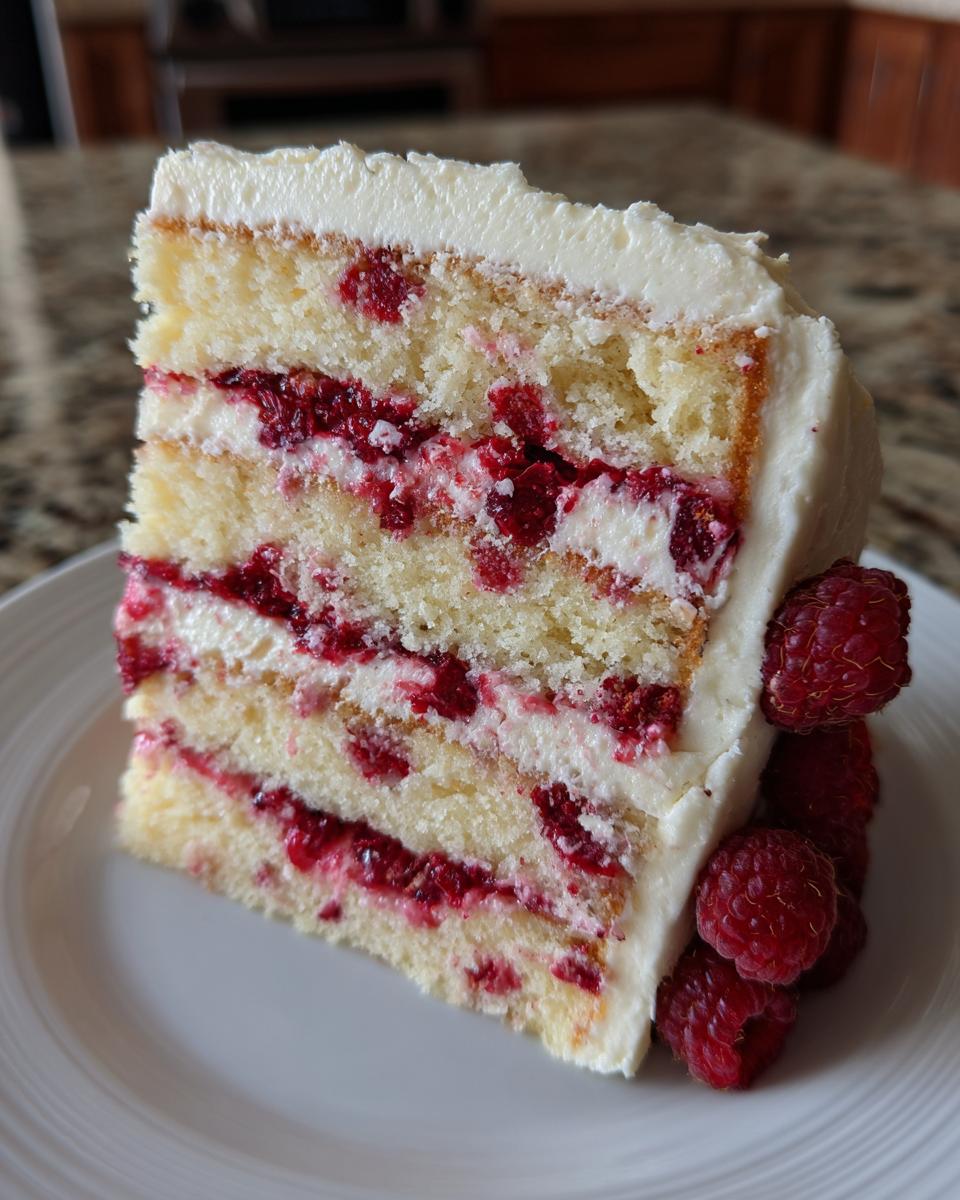 A tall, layered slice of white chocolate raspberry cake featuring white frosting, yellow cake layers, and bright red raspberry filling, garnished with fresh raspberries.