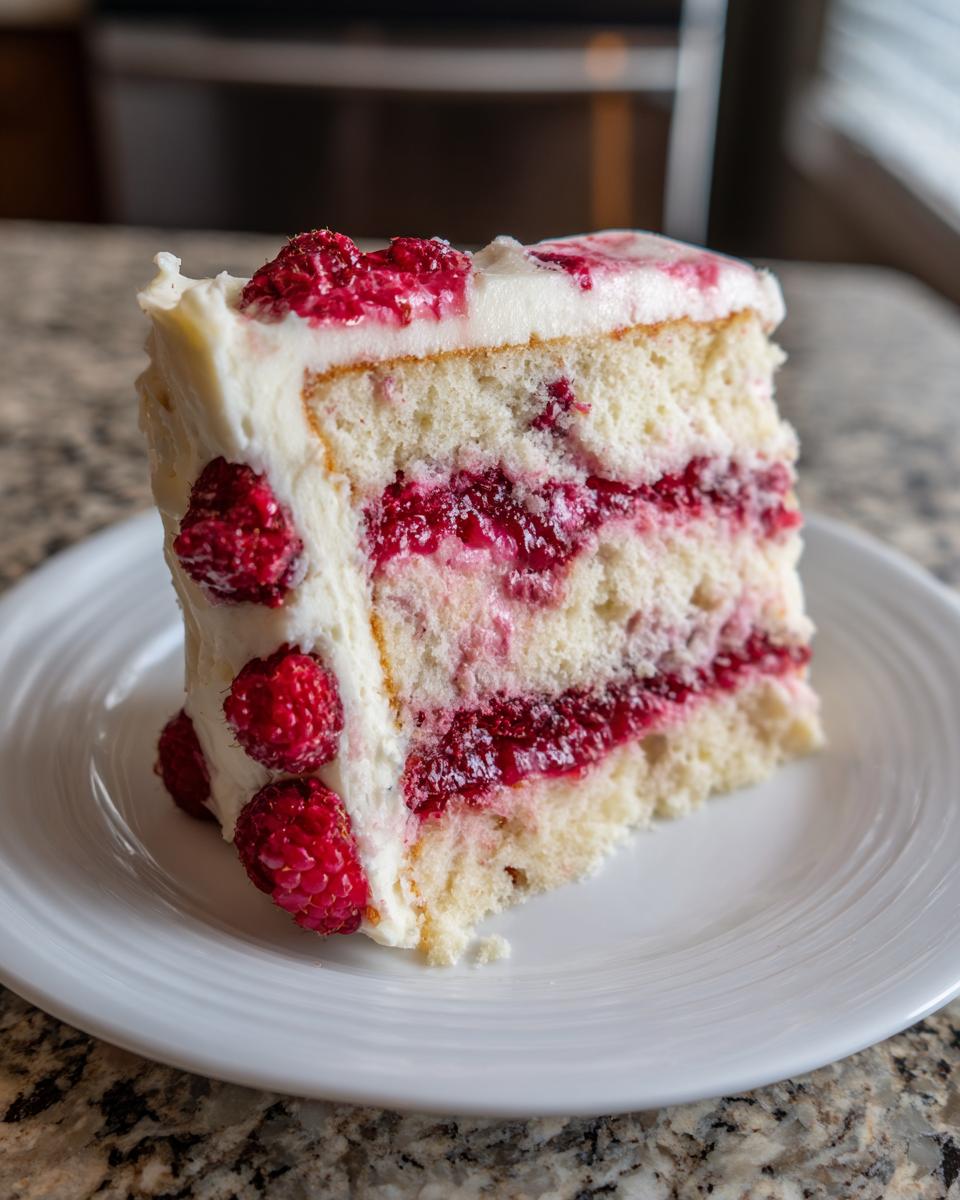 A tall slice of white chocolate raspberry cake showing three layers of white cake, raspberry filling, and white frosting decorated with fresh raspberries.