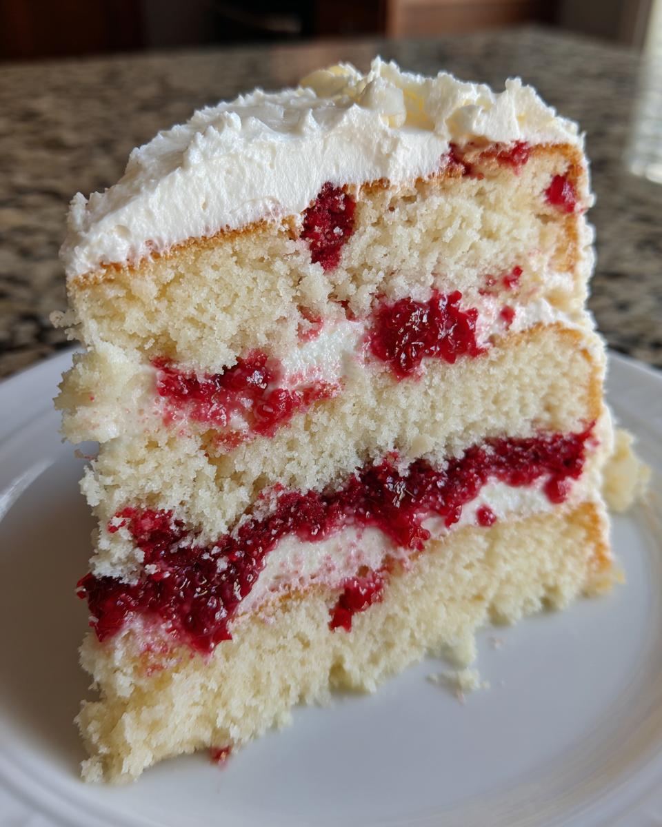 A close-up of a decadent slice of white chocolate raspberry cake featuring layers of white cake, raspberry filling, and whipped cream frosting.