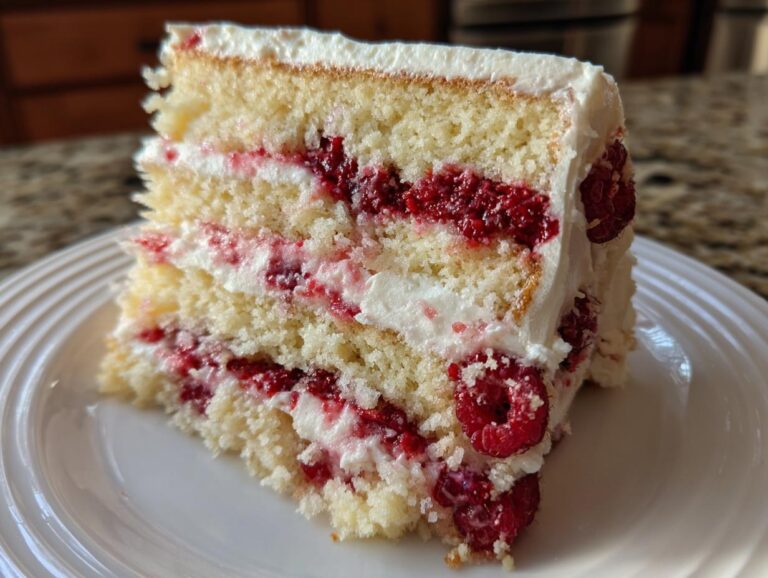 Close-up of a moist slice of white chocolate raspberry cake showing layers of vanilla cake, white frosting, and fresh raspberries.