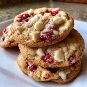 A delicious stack of three chewy white chocolate raspberry cookies featuring visible white chips and bright red raspberry pieces.