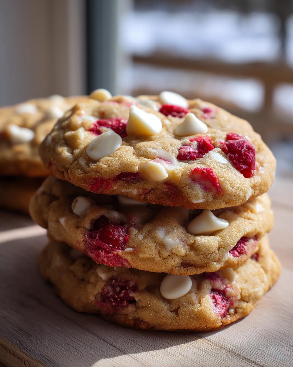 A stack of three freshly baked white chocolate raspberry cookies featuring visible white chocolate chips and bright red raspberry pieces.