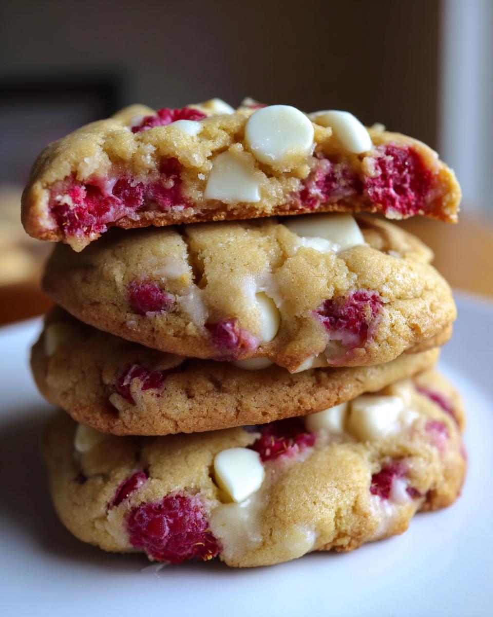 A stack of three soft, chewy white chocolate raspberry cookies, with the top cookie broken in half to show the gooey interior.