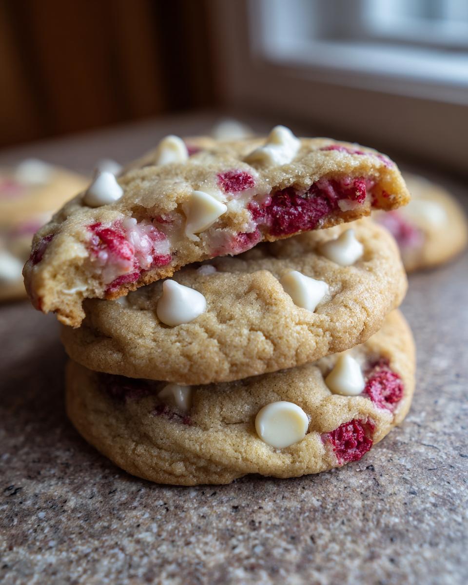 A stack of chewy white chocolate raspberry cookies, with the top cookie broken in half revealing the gooey interior.