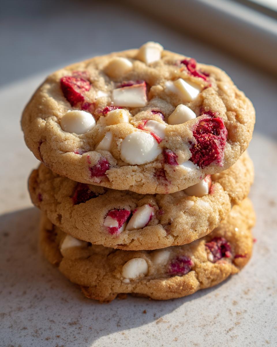 Three perfectly baked white chocolate raspberry cookies stacked on a light surface, showing chunks of white chocolate and bright red raspberry pieces.