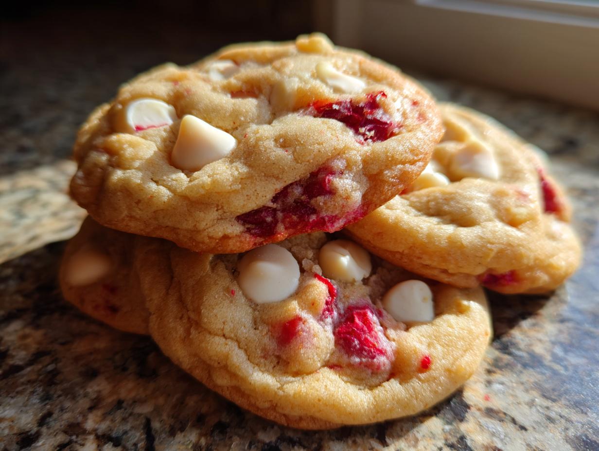 Close-up of a small stack of freshly baked white chocolate raspberry cookies featuring visible white chocolate chips and bright red raspberry pieces.