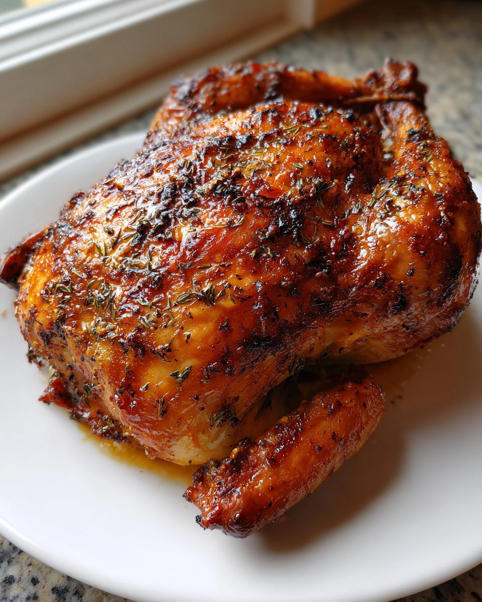 A perfectly roasted whole chicken with glossy, golden-brown, crispy skin seasoned with herbs.
