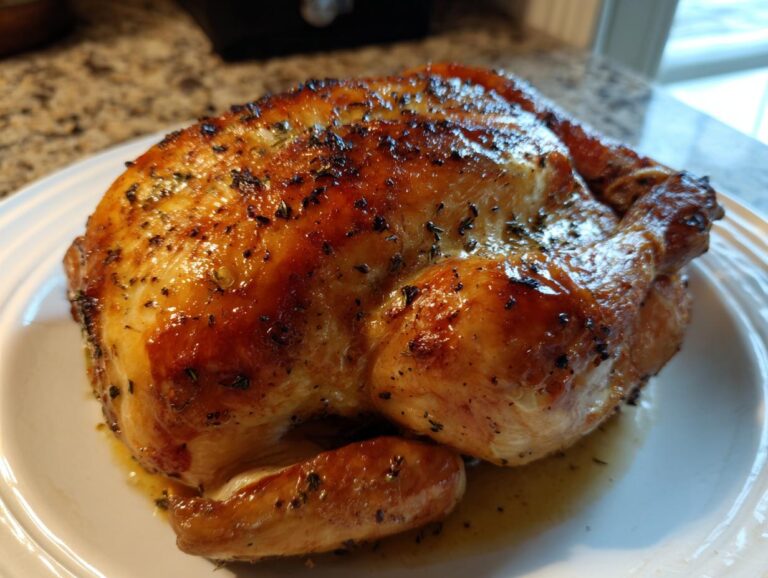 A beautifully roasted whole chicken with glistening, golden-brown, herb-seasoned skin resting on a white plate.