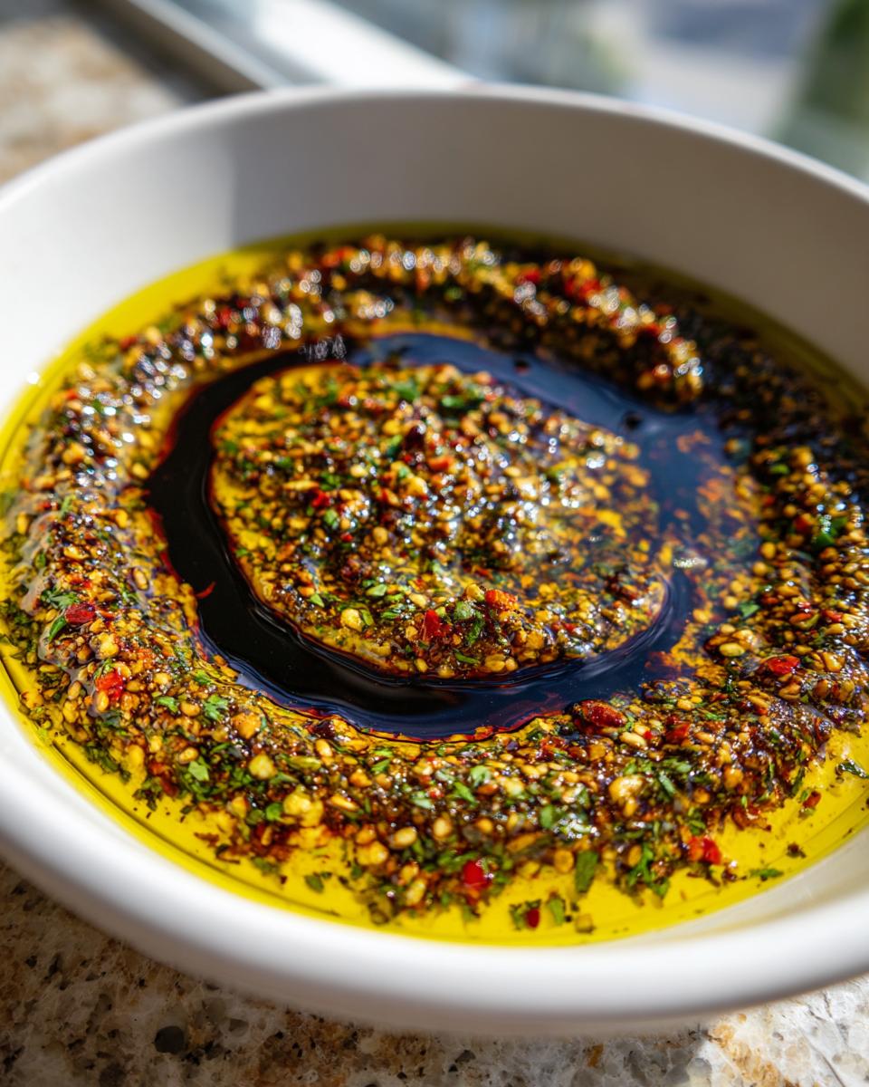 Close-up of a white bowl filled with olive oil bread dip, featuring herbs, spices, and a swirl of dark balsamic vinegar.